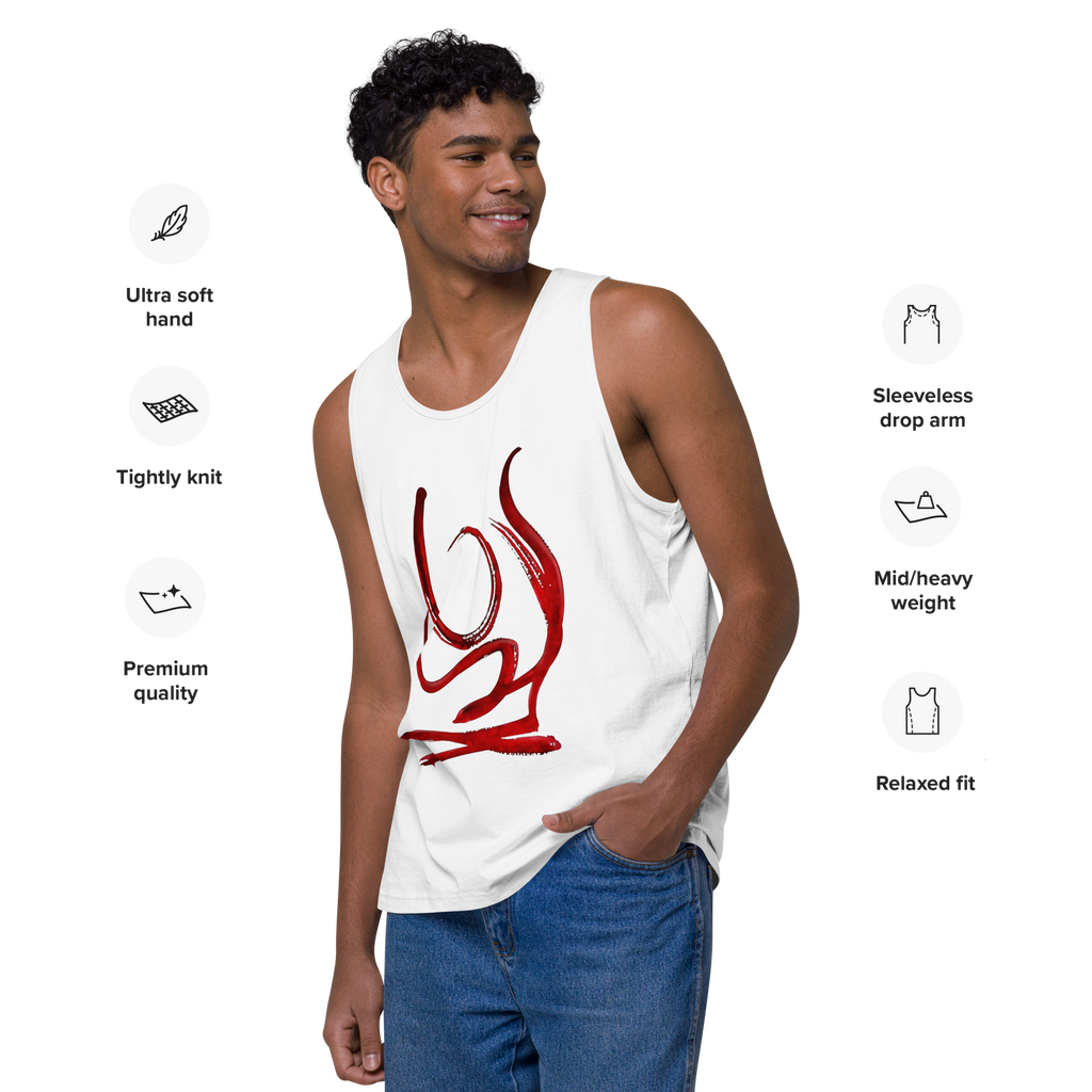 Man wearing a white tank top with red DIAVOLARA design, standing against a white background with text describing tank top features. 