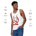 Man wearing a white tank top with red DIAVOLARA design, standing against a white background with text describing tank top features. 